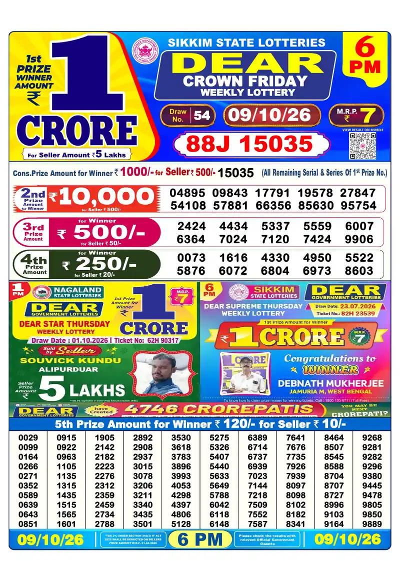 Sikkim Lottery Sambad Evening result October 9, 2026 - Dear Crown, 6:00 PM winning numbers