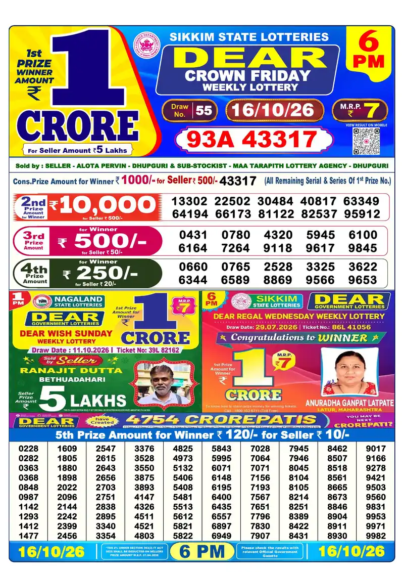 Sikkim Lottery Sambad Evening result October 16, 2026 - Dear Crown, 6:00 PM winning numbers