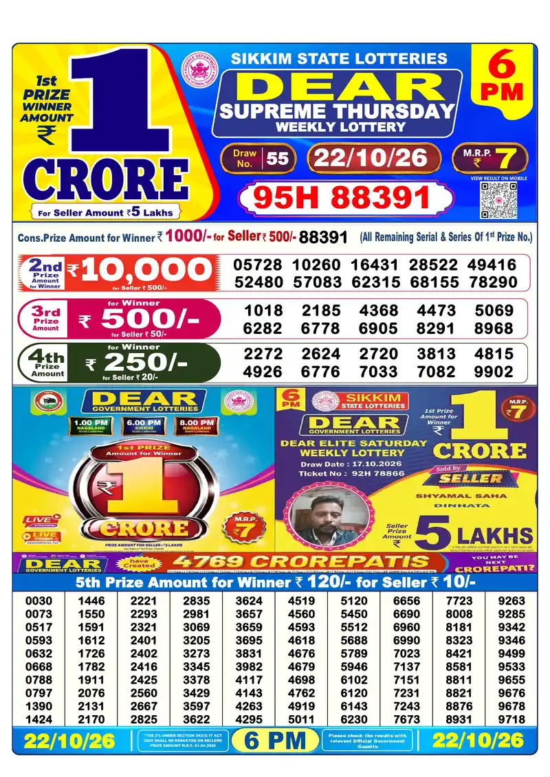 Sikkim Lottery Sambad Evening result October 22, 2026 - Dear Supreme, 6:00 PM winning numbers