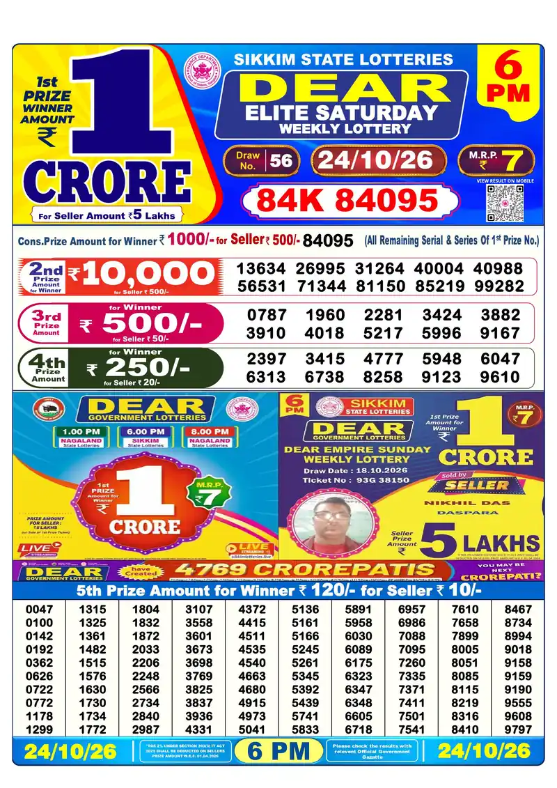 Sikkim Lottery Sambad Evening result October 24, 2026 - Dear Elite, 6:00 PM winning numbers