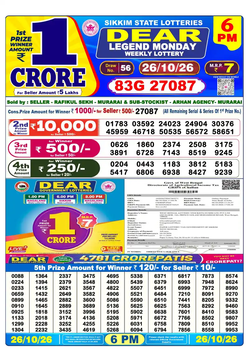 Sikkim Lottery Sambad Evening result October 26, 2026 - Dear Legend, 6:00 PM winning numbers