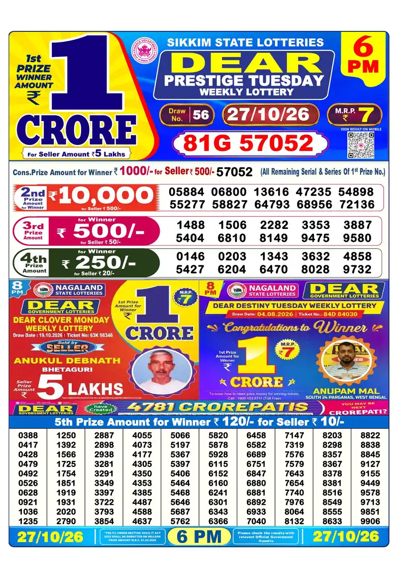 Sikkim Lottery Sambad Evening result October 27, 2026 - Dear Prestige, 6:00 PM winning numbers