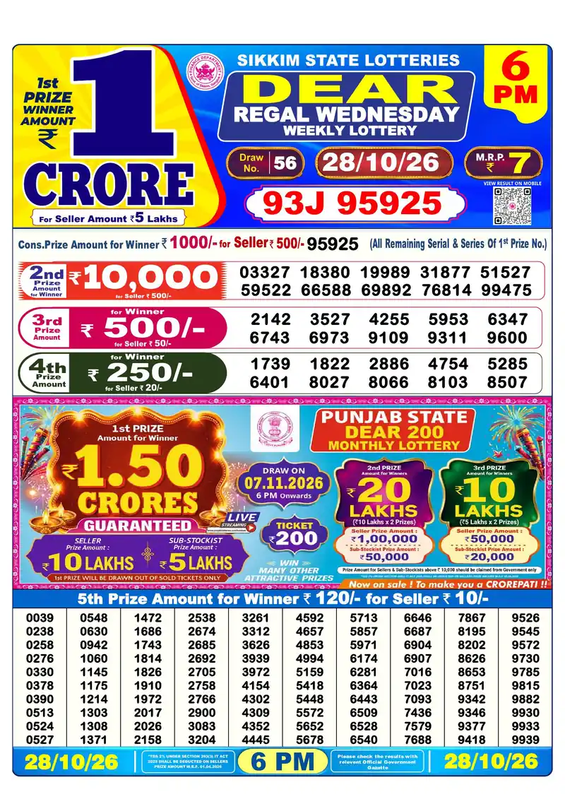 Sikkim Lottery Sambad Evening result October 28, 2026 - Dear Regal, 6:00 PM winning numbers