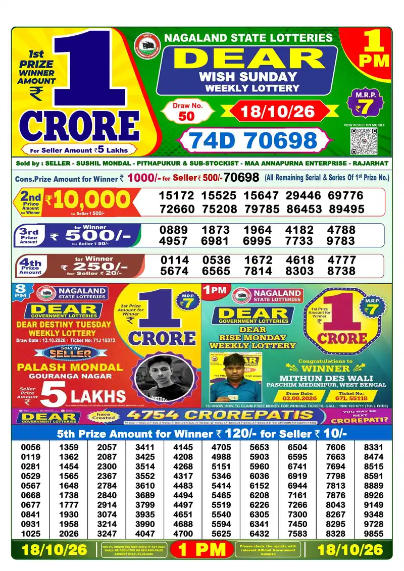 Nagaland Lottery Sambad Morning result October 18, 2026 - Dear Wish, 1:00 PM winning numbers