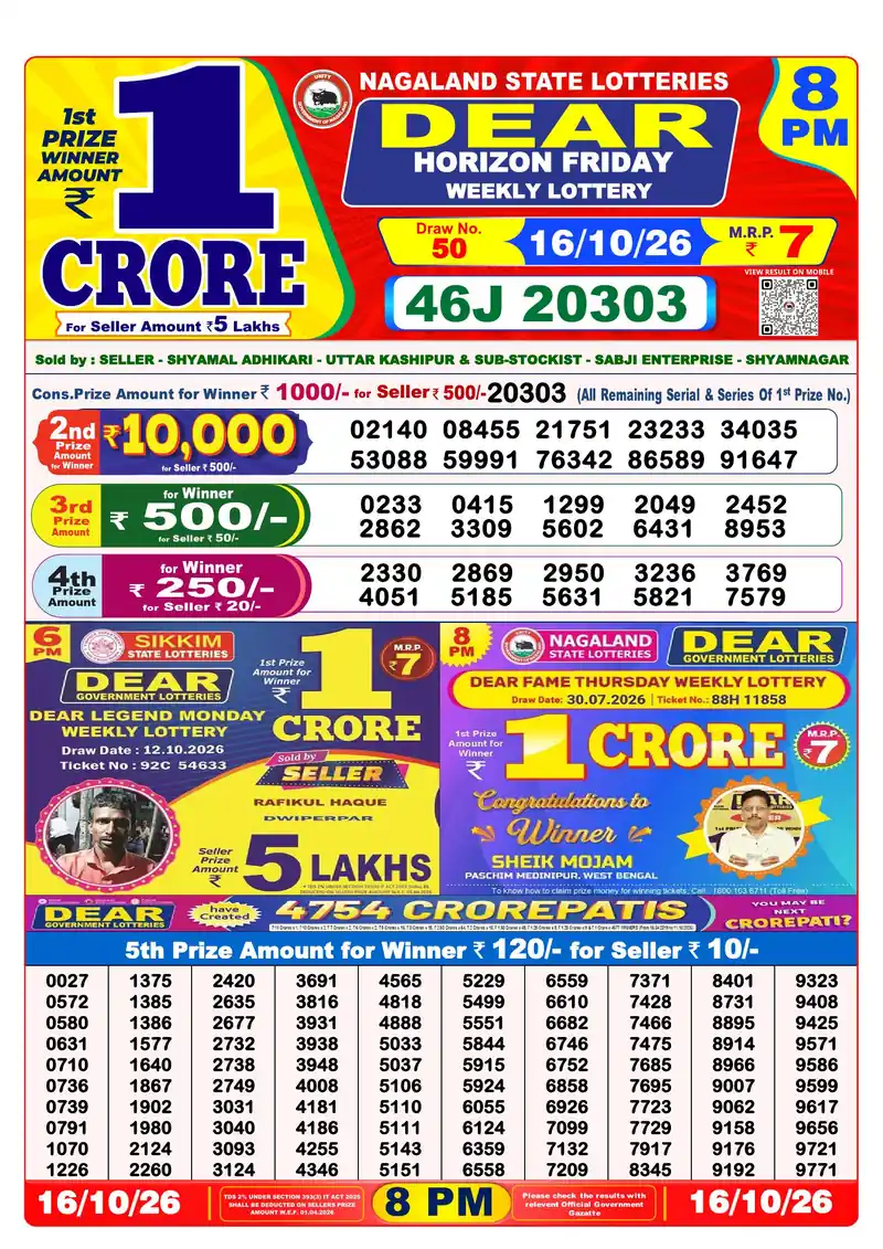 Nagaland Lottery Sambad Night result October 16, 2026 - Dear Horizon, 8:00 PM winning numbers